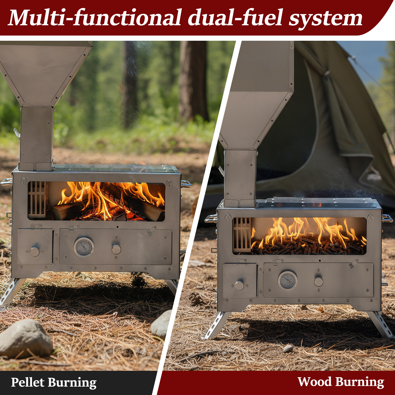 Hunting Fishing Outdoor - Wood Stove with Chimney Pipe Portable